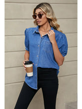 Load image into Gallery viewer, SHORT Puff Sleeve Button Down Denim Shirts